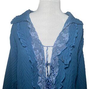 Komarov Womens Blue Crinkle Ruffled Blouse Long Sleeve Lace Trim Witchy Festival